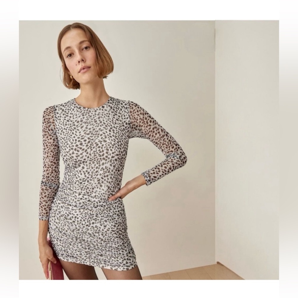 Reformation Tomas Leopard Print Mini Ruched Long Sleeve Dress Size XS